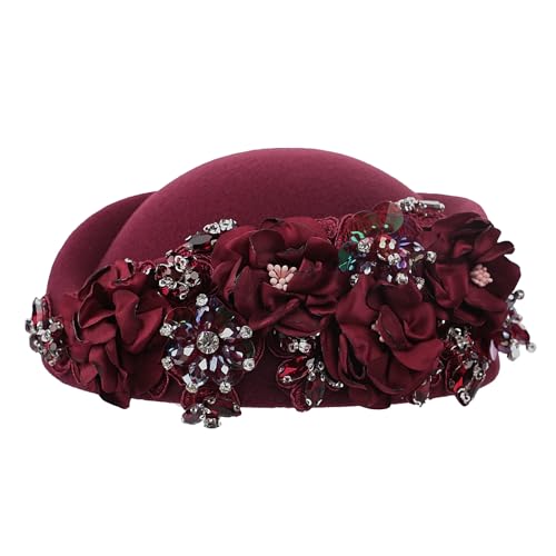 Womens Vintage Felt Church Fedora Hat Ladies Floral Derby Fascinator Wedding Tea Party Beret Cap Winter Pillbox Kentucky Hat - color: Burgundy