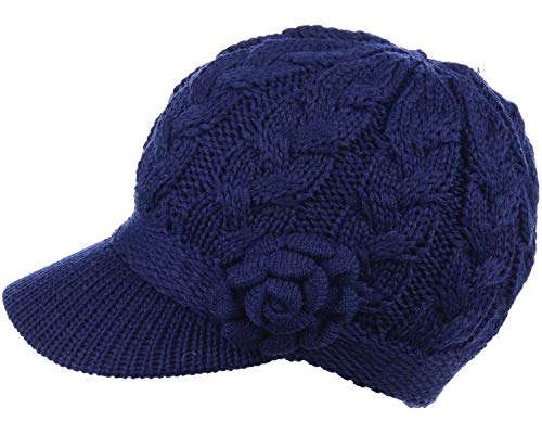 BYOS Womens Winter Chic Cable Warm Fleece Lined Crochet Knit Hat W/Visor Newsboy Cabbie Cap - color: Cable W/ Flower Navy
