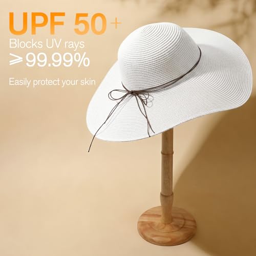 Women's Sun Straw Hat Wide Brim Floppy Foldable Hats Beach Travel Summer Vacation Hat UPF 50+ - color: White