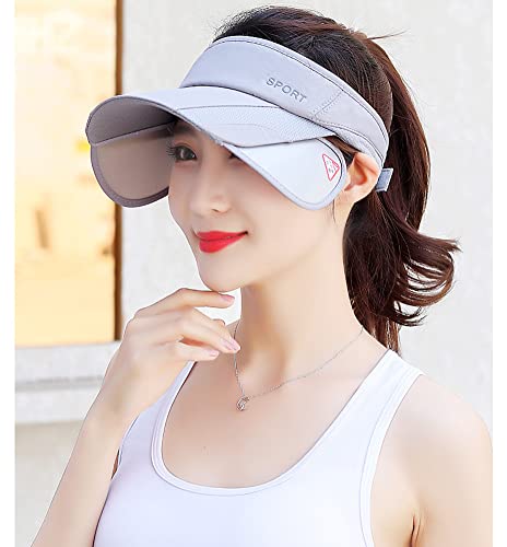 Sun Visor Hat for Women and Men - Retractable Brim Sport Hat, Summer Golf Tennis Running Beach Hat with Ponytail Hole - color: Y-grey