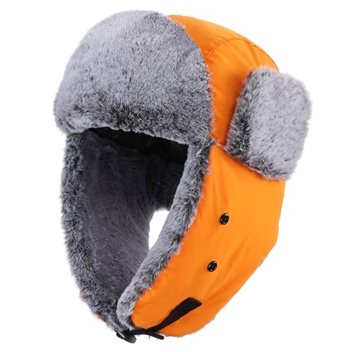 Connectyle Trapper Hat for Men Women Faux Fur Trooper Trapper Winter Hat with Ear Flaps Waterproof Ushanka Hunting Hats - color: Orange