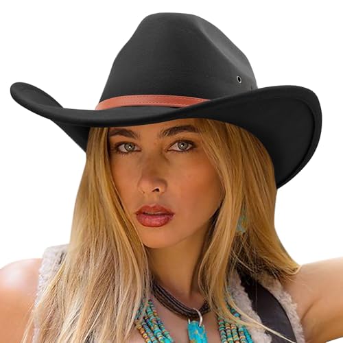AQOKKA Western Cowboy Hats for Women Classic Felt Wide Brim Fedora Hat with Belt Buckle Retro Panama Hat Unisex Rolled up Cap - color: K-fedora Hat : Black, size: Medium