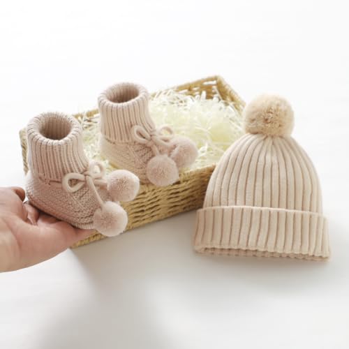 Baby Hats and Booties Set Newborn Knit Pompom Beanie Caps Shoes Winter - color: Beige