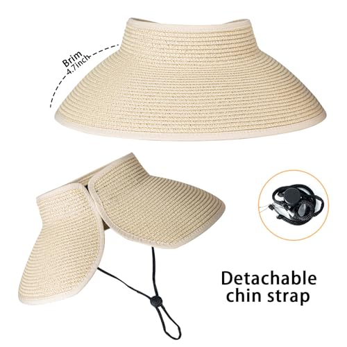 Women's Sun Visor Hats Wide Brim Straw Beach Hat Ponytail Hats for Women Foldable Floppy - color: 1pack-no Bow-beige2
