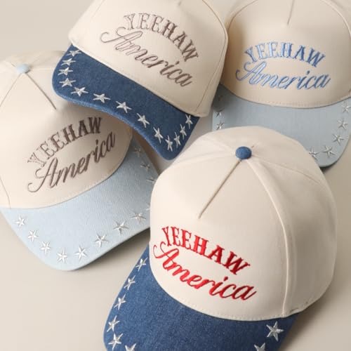 MIRMARU Western Cowboy Embroidered 5 Panel Cotton Two Tone Trucker Hat-Retro Southwest Style Snapback Cap for Men and Women. - color: Star Brim-yeehaw America,dk Denim/Red