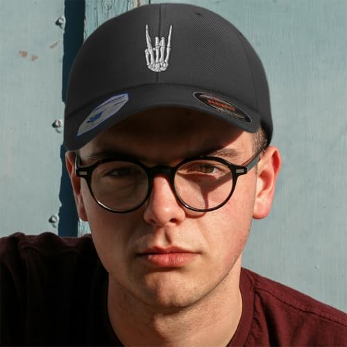 Custom Flexfit Cap for Men & Women Embroidered Skeleton Finger Skull Hand Flexfit Hats Baseball Caps - color: Dark Navy Design Only, size: Large-X-Large