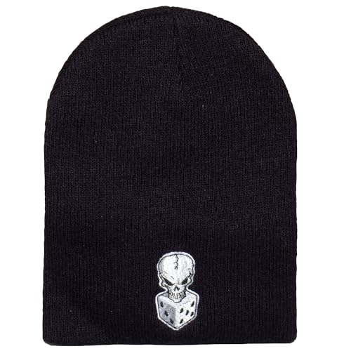 TOP HEADWEAR Skull Beanie Short Knit Cuffless Winter Hat Embroidered Skulls - color: Black 8 Dice