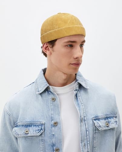 DIYDECAL Vintage Washed Cotton Sailor Docker Cap for Men, Brimless Skull Cap with Classic Retro Style - color: Yellow