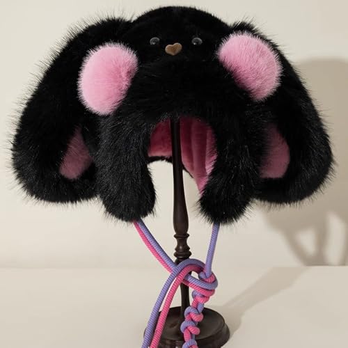 Cute Bunny Ears Hat Furry Beanie Trapper Hat for Women Faux Fur Fuzzy Winter Hat Warm Animal Ear Flaps Cap Snow Hats - color: Black