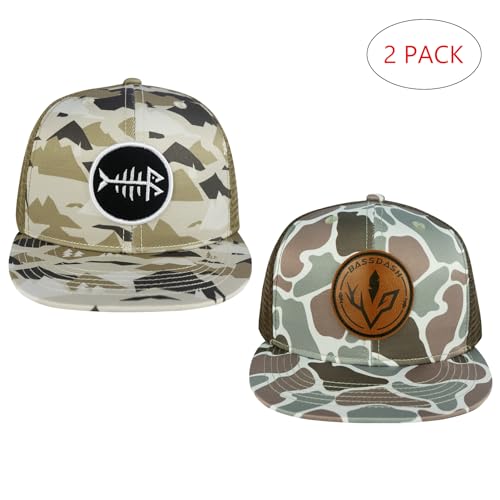 BASSDASH 2 Pack Flat Brim Trucker Cap Adjustable Snapback Hat Mesh Back for Men Women Fishing Hunting - color: Pack of 2, Mountain Camo & Color Block Camo
