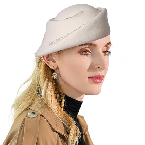 Small Top Hats for Women Elegant Winter Vintage Beret Wool Felt Fedoras Ladies Luxury Wedding and Church Cap Female - color: White 2