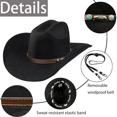 Western Cowboy Hat for Men Women,Shapeable Wide Brim Felt Fedora Classic Cowgirl Hats for Cowboys and Cowgirls,with bolo tie - color: Black-d, size: Medium-Large