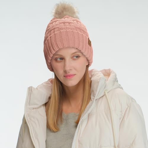 C.C Knit Beanie Hat – Fuzzy Fleece Lined Warm Winter Hat, Faux Fur Pom Soft Stretchy Slouchy Knit Cap, Cold Weather Beanie - color: Indi Pink