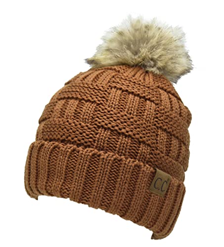 C.C Knit Beanie Hat – Fuzzy Fleece Lined Warm Winter Hat, Faux Fur Pom Soft Stretchy Slouchy Knit Cap, Cold Weather Beanie - color: Clay