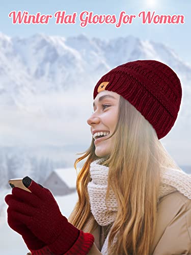 JaGely 8 Pieces Women Winter Hats and Gloves Set Women Warm Touchscreen Knitted Lined Gloves Winter Beanies - color: Black, Gray, Navy Blue, Wine Red