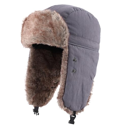 Home Prefer Mens Warm Faux Fur Trooper Trapper Hat Outdoor Reflective Winter Hunting Hat with Ear Flaps Face Mask - color: Grey