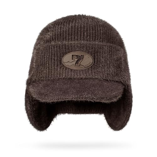 CLAPE Cozy Head Beanies with Brim, Small Billed Beanie for Cold Weather Mens Winter Warm Knit Hat with Ear Flaps - color: Kh25d18-brown