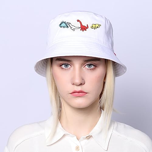 XYIYI Fashion Embroidery Bucket Hat Cotton Beach Fisherman Hats for Women Girls - color: Little Dinosaur White