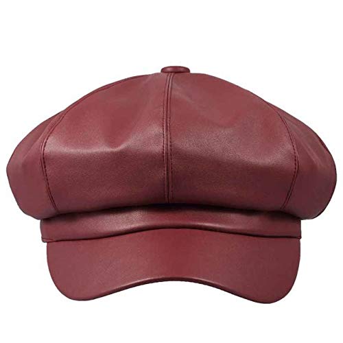 Women Newsboy Hats,8 Panel Ivy Beret PU Leather Cabbie Cap - color: Wine Red