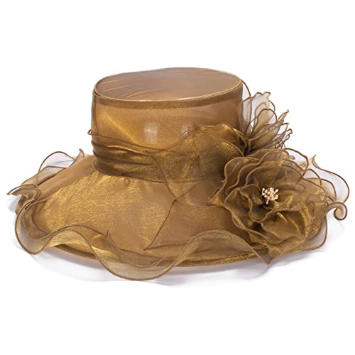 Lawliet Womens Dressy Wide Brim Church Wedding Occasion Sun Hat A613 - color: Gold