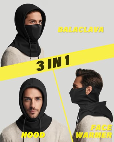 JOEYOUNG 3 in 1 Winter Balaclava Hood Face Mask with Ear Loops, Fleece Breathable Ski Mask for Men Women Cold Weather - color: Black