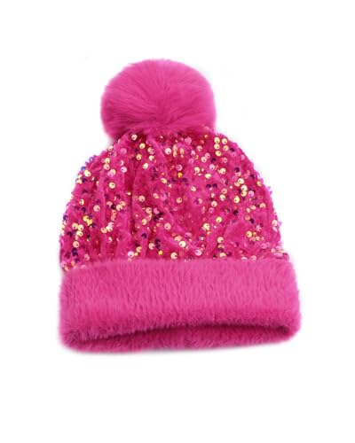 Women Sparkly Sequins Knitted Beanie Hat Warm Winter Skull Cap with Faux Fur Pom Pom - color: X Hot Pink With Knit Cuffs