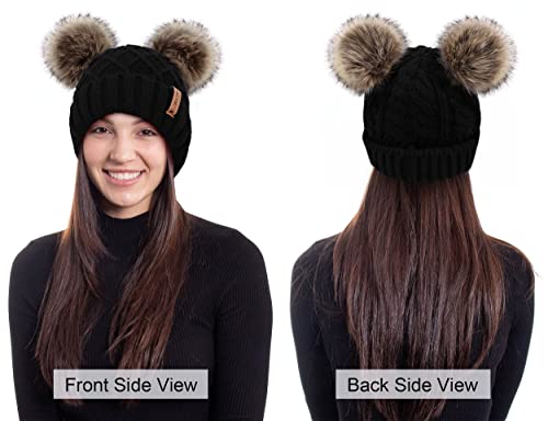 Arctic Paw Womens Winter Hat Cable Knit Beanie for Women Faux Fur Pompom Ears - color: Black _Grid