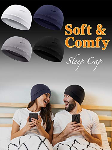 Syhood 4 Cotton Skull Caps for Men Women Sleep Night Hat Beanie - color: White, Gray, Navy Blue, Black