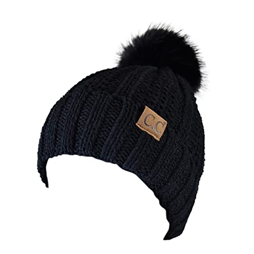 C.C Thick Cable Knit Faux Fuzzy Fur Pom Fleece Lined Skull Cap Cuff Beanie - color: Chenille Black Pom