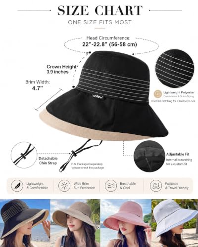 Women UPF50+ Wide Brim Bucket Sun Hat Wired Edge Adjustable Chin Strap - color: Black