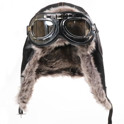 Harssidanzar Leather Outdoor Cycling Windproof Harley Goggles, Warm Pilot's hat,DU303 - color: Black