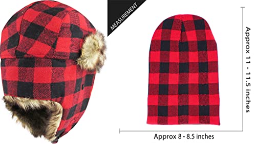 KBETHOS Bundle Pack Red Black Buffalo Plaid Trapper Aviator Hat Buffalo Plaid Classic Cuffed Knit Beanie Adjustable Unisex Warm Winter Cold
