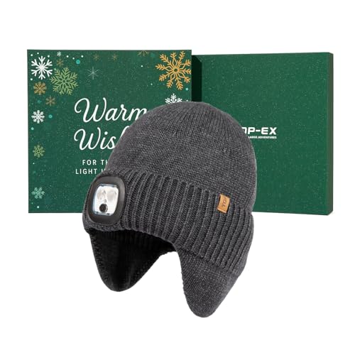 TOP-EX DryKnit™ Waterproof 50% Merino Wool LED Beanie Hat with Ear Flaps - color: Grey+gift Box, size: Medium-Large