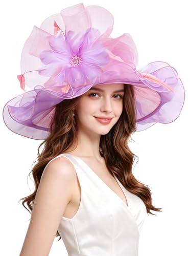 Z&X Women Organza Church Derby Hat Wide Brim Sun Hats for Wedding Tea Party Fascinator Hat, Dual-use - color: 013b- Pink and Purple