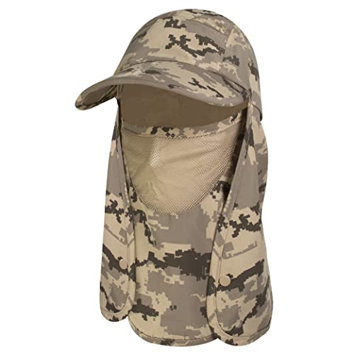 SUN CUBE Fishing Sun Hat with Neck Flap & Face Cover, Wide Brim UPF50+ Cap - color: Camo Grey