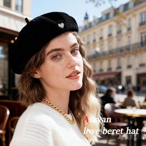 Women's Chenille Beret - Soft & Warm French Hat with Metal Heart Accent for Fall/Winter. - color: Black