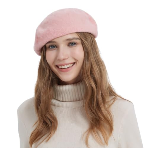 2 Pieces Beret Hat Women French Wool Beret Solid Color Beret Cap - color: Pink+white