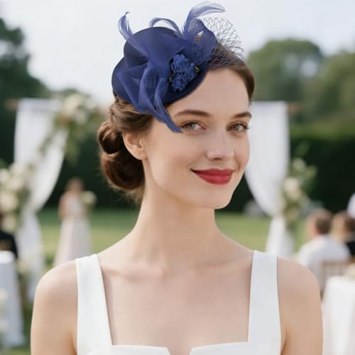 Fascinator Hat Tea Party Accessories Wedding Headwear for Girls and Women - color: Navy Blue