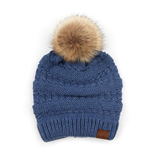 C.C Hatsandscarf Exclusives Unisex Solid Ribbed Beanie with Pom (HAT-43) - color: A Heather Denim-tilted Stitch