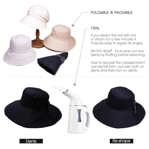 Comhats Packable Summer Cotton Sun Hat Bucket for Women UV Protection Wide Brim Beach Gardening Travel 54-64CM - color: Beige, size: Large