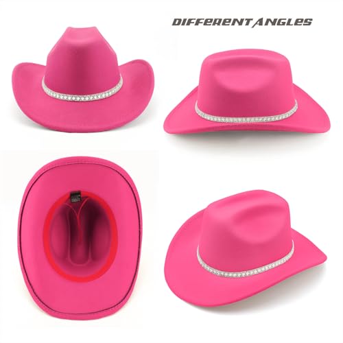 DRESHOW Western Cowboy Hat for Women and Men Wide Brim Glitter Cowboy Cowgirl Hat with Rhinestone Felt Fedora Hats - color: 1 Pack Style 10: Fuchsia