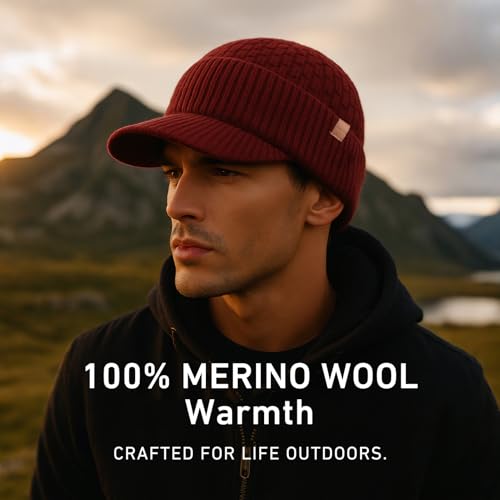 TOP-EX 100% Australian Merino Wool Brim Beanie, Polartec™ Fleece Lined - color: Burgundy, size: X-Large-XX-Large