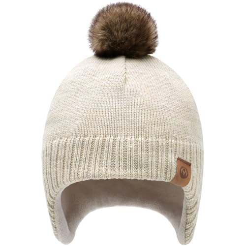 Duoyeree Kids Beanie Dinosaur Pom Pom Knit Winter Hat Fleece Lined for 1-7T - color: Beige, size: 1-2T