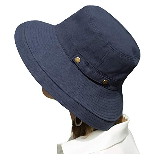 Womens Cotton Wide Brim Sun Hats UPF50+ UV Packable Beach Hat Summer Bucket Cap for Travel - color: Button Decoration-dark Blue