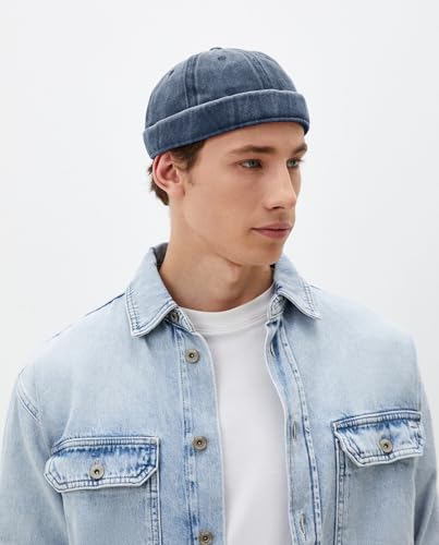 DIYDECAL Vintage Washed Cotton Sailor Docker Cap for Men, Brimless Skull Cap with Classic Retro Style - color: Navy Blue