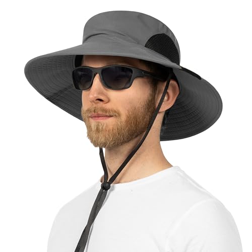 SUN CUBE Wide Brim Sun Hat for Men & Women, UPF 50+ UV Protection, Mesh Boonie Hat with Chin Strap, Fishing Hiking Hat - color: Grey