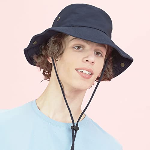 The Hat Depot Cotton Stone-Washed Safari Wide Brim Foldable Double-Sided Sun Boonie Bucket Hat - color: 2. Cotton - Navy, size: Small-Medium