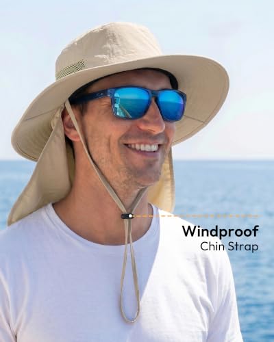 Sun Hats for Men Wide Brim Bucket Hat with Neck Flap for Fishing & Hiking Mens Sun Hat for UV Protection - color: Off-white