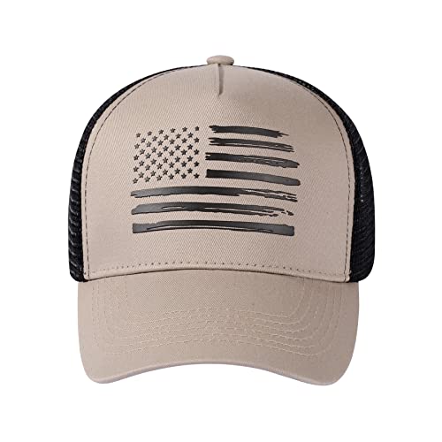 Baseball Cap, American Flag Trucker Hat for Men Women, Breathable Adjustable Fit Outdoor Mesh Snapback Hats - color: Khaki/Black Flag