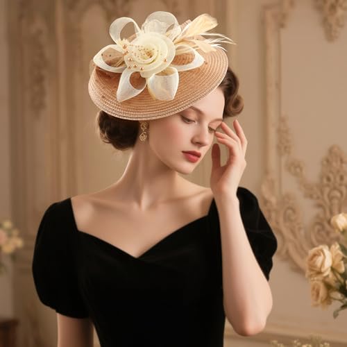 DRESHOW Fascinators Hat Flower Mesh Feathers Hat with a Headband and a Clip 7.9" Tea Party Headwear for Women - color: 1 Pack: Apricot & Khaki / 7.9"